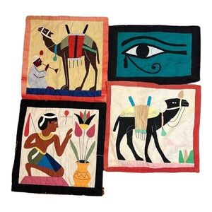 Egyptian Revival Tapestry Set of 3 Embroidered Patchwork Pillow Covers RARE